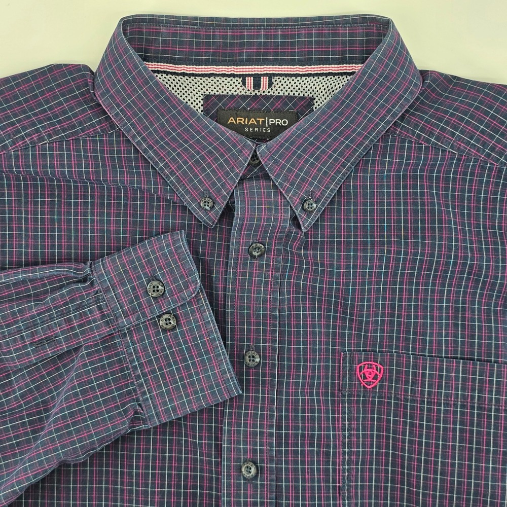 Ariat Pro Series Shirt Mens XXL Navy Pink Plaid Long Sleeve Button Down Pocket